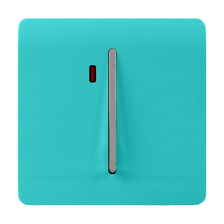 Square screwless 1 gang double 20A light switch in bright teal with a chrome rocker and red neon indicator window, shown on a plain white background.