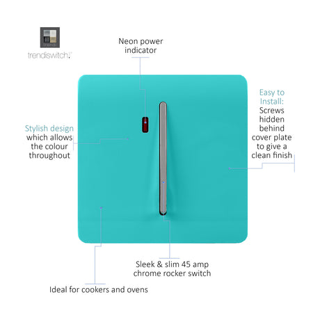 Bright teal screwless 1 gang 20A light switch with slim chrome rocker and neon power indicator, labelled diagram on white background.