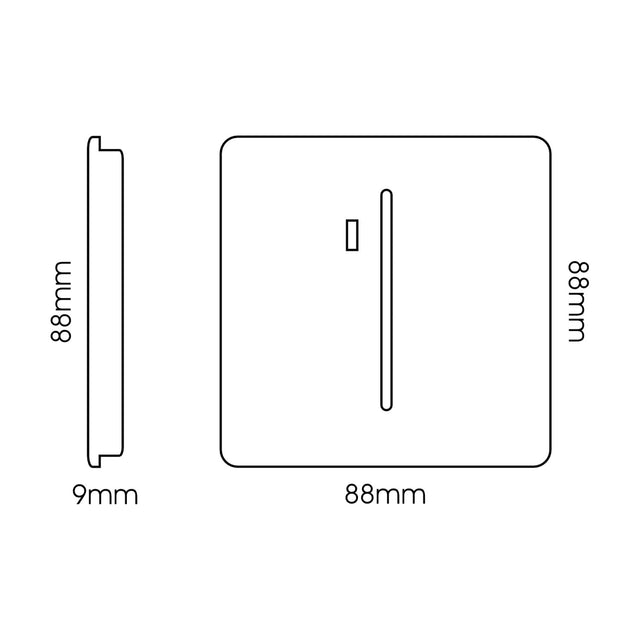 Front and side view of a 1 Gang 20A Double Pole Neon Light Switch in carbon fibre, showing a square screwless plate, rocker switch, and neon indicator, 88 x 88 x 9mm.