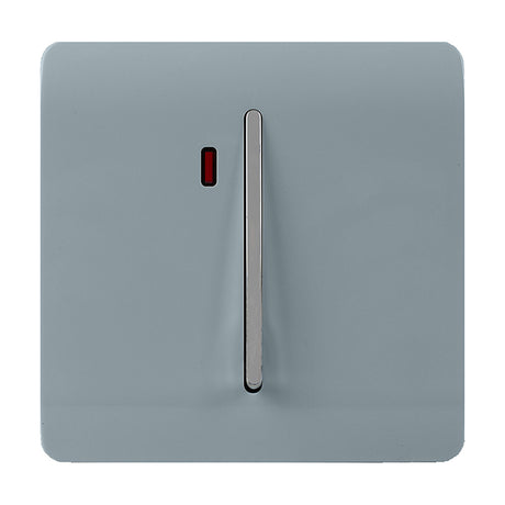 1 Gang Double 20A Light Switch in cool grey with a screwless square plate, chrome rocker, and red neon indicator, shown on a plain white background.