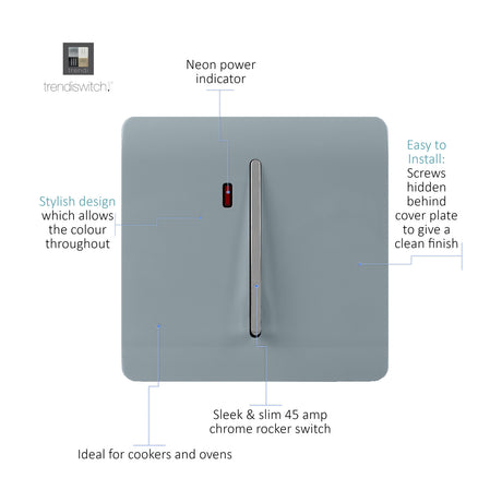 1 Gang Double 20A Light Switch in cool grey with screwless square plate, single chrome rocker, and red neon power indicator, labelled diagram on white background.