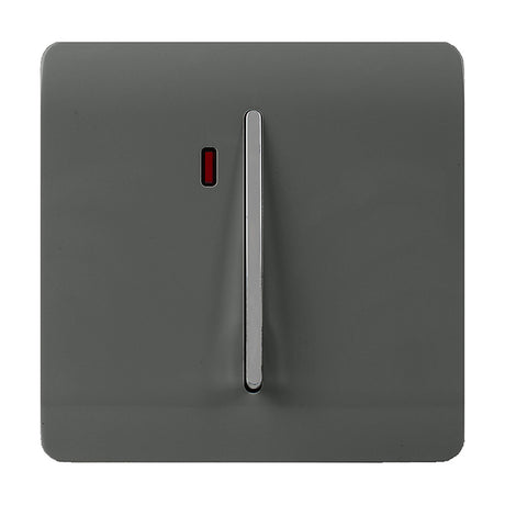 1 Gang Double 20A Light Switch in charcoal with a screwless square plate, chrome rocker and neon indicator window, shown on a plain white background.