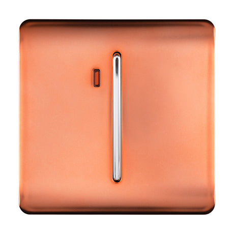 1 Gang Double 20A light switch in copper with a chrome vertical rocker and neon indicator, screwless square plate, shown on a plain white background.