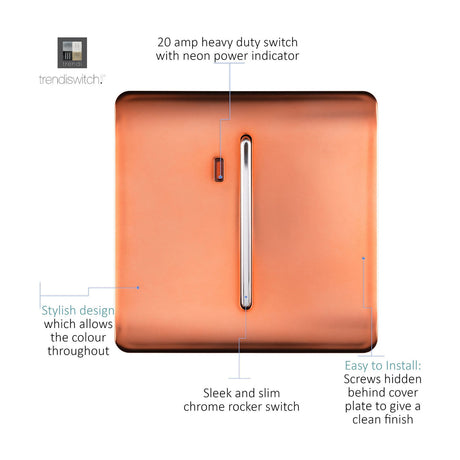 Copper 1 gang 20A double pole rocker light switch with chrome insert and neon indicator, screwless square plate, shown with labelled feature callouts on white background.