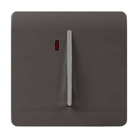 1 Gang Double 20A light switch in dark brown, screwless square plate with chrome rocker insert and red neon indicator, shown on a plain white background.