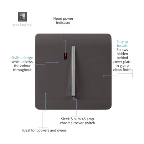 Dark brown screwless 45A cooker switch with chrome rocker and red neon power indicator, labelled diagram showing hidden fixing screws on white background.