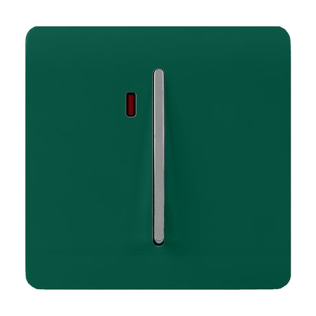 1 Gang Double 20A Light Switch in dark green with a screwless square plate, central chrome rocker, and red neon indicator, shown on a plain white background.
