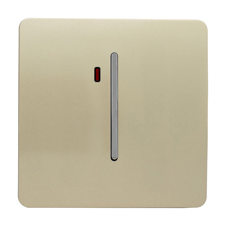 1 Gang Double 20A Light Switch in champagne gold with a vertical chrome rocker and red neon indicator, screwless square plate on a plain white background.
