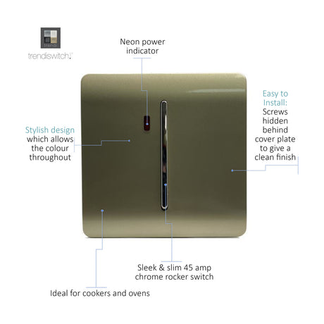 Screwless 1 gang 20A double pole light switch in champagne gold with a vertical chrome rocker and neon power indicator, labelled diagram on a white background.