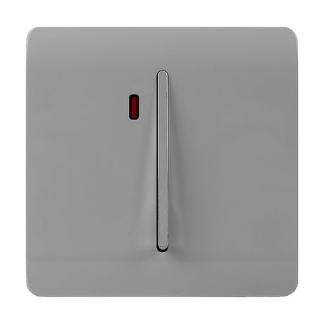 1 Gang Double 20A Light Switch in light grey, screwless square plate with chrome rocker insert and red neon indicator, shown on a plain white background.