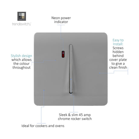 Light grey screwless 1 gang 20A rocker switch with chrome insert and red neon power indicator, labelled diagram showing hidden screws and slim design.