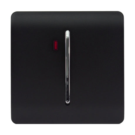 1 Gang Double 20A Light Switch in matt black with a chrome rocker and red neon indicator, on a screwless square plate, shown against a plain white background.