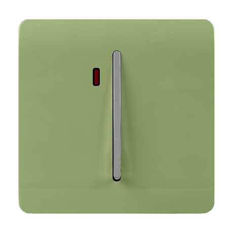 1 Gang Double 20A Light Switch in moss green with a screwless square plate, centred chrome rocker, and red neon indicator, shown on a plain white background.