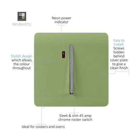 Moss green screwless 45A cooker switch with vertical chrome rocker and red neon power indicator, shown with labelled diagram on white background.