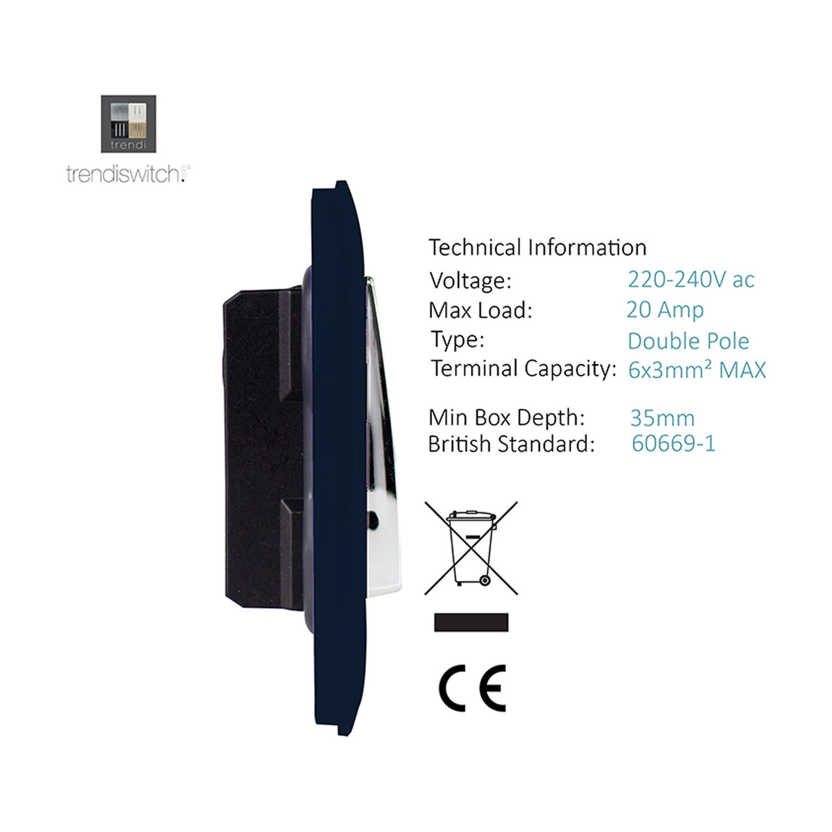 1 Gang Double 20A Light Switch - Navy Blue