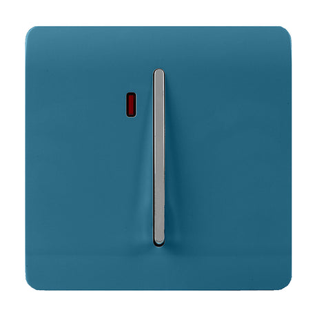 1 Gang Double 20A light switch in ocean blue with a screwless square plate, vertical chrome rocker, and red neon indicator, shown on a white background.