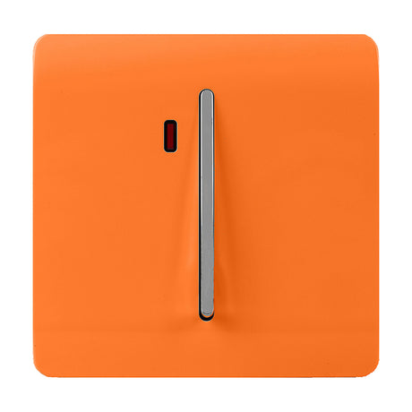 1 Gang Double 20A Light Switch in orange with a chrome rocker insert and red neon indicator, screwless square plate on a white background.