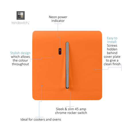 Orange 45A double pole rocker light switch with chrome insert and neon power indicator, screwless square plate, labelled diagram on white background.