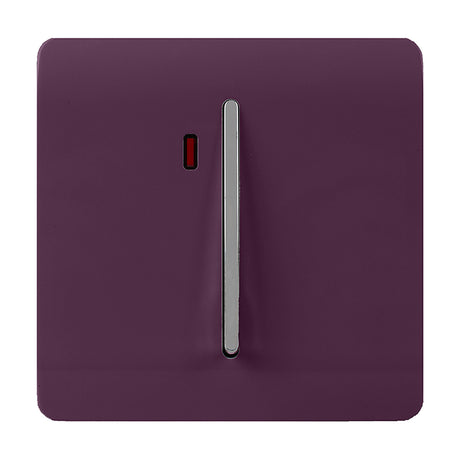 1 Gang Double 20A Light Switch in plum with a screwless square plate, chrome insert, single rocker, and red neon indicator, shown on a plain white background.