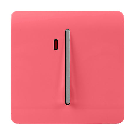 1 Gang Double 20A light switch in strawberry pink with a screwless square plate, vertical chrome rocker, and red neon indicator window, shown on a plain white background.