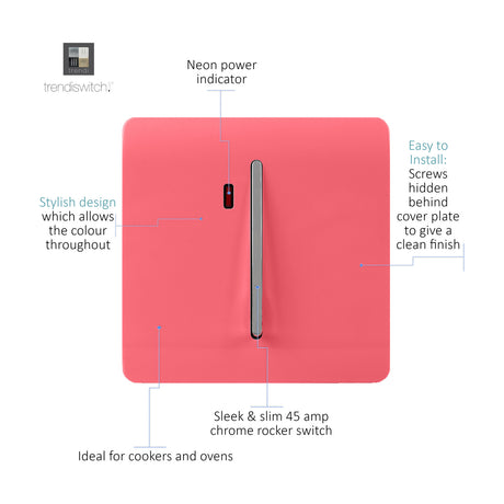 Strawberry pink screwless 1 gang 20A light switch with slim chrome rocker and neon power indicator, shown with labelled features on a white background.