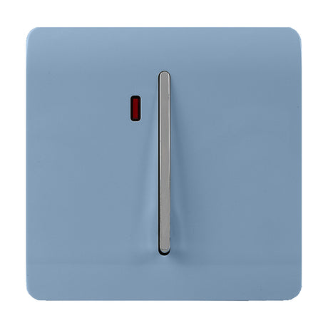 1 Gang Double 20A Light Switch in sky blue with a screwless plate, chrome rocker switch, and red neon indicator, shown on a plain white background.