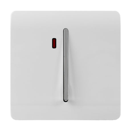 1 Gang Double 20A Light Switch in ice white with a screwless square plate, chrome-edged rocker, and red neon indicator, shown on a plain white background.