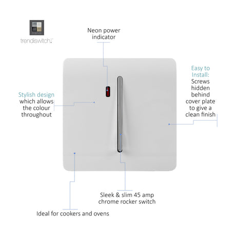 Ice white 45 amp chrome rocker switch on a flat screwless square plate, shown with labelled callouts for the neon power indicator and hidden fixing screws.