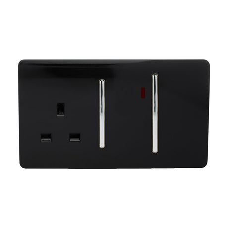 45A Cooker Control Unit in screwless piano black with a switched 13A socket and two chrome double pole rockers, red neon indicator, on a white background.