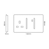 Front and side view line drawing of a 45A cooker control unit in carbon fibre with chrome switch and socket, screwless rectangular plate, 146 x 88 x 9mm, on white background.