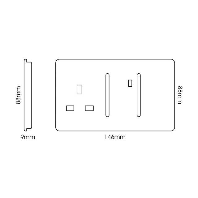 Front and side view line drawing of a 45A cooker control unit in carbon fibre with chrome switch and socket, screwless rectangular plate, 146 x 88 x 9mm, on white background.