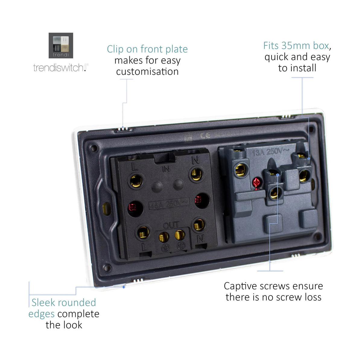 Rear view of the 45A Cooker Control Unit in Carbon Fibre showing screwless plate internals with L, N, IN/OUT terminals and 13A socket wiring points.