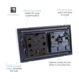 Rear view of the 45A Cooker Control Unit in Carbon Fibre showing screwless plate internals with L, N, IN/OUT terminals and 13A socket wiring points.