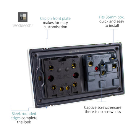 Rear view of the 45A Cooker Control Unit in Carbon Fibre showing screwless plate internals with L, N, IN/OUT terminals and 13A socket wiring points.