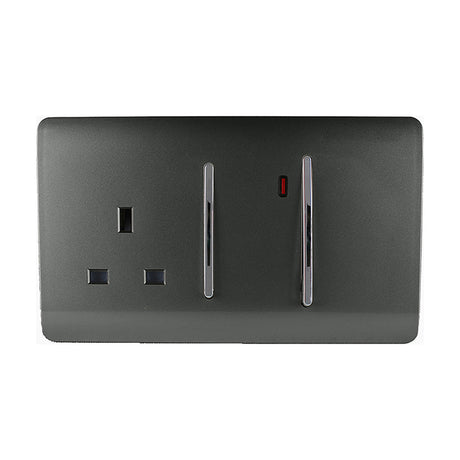 45A cooker control unit in charcoal with screwless plate, chrome double pole rockers, indicator light, and a 13A socket outlet, shown on a plain white background.