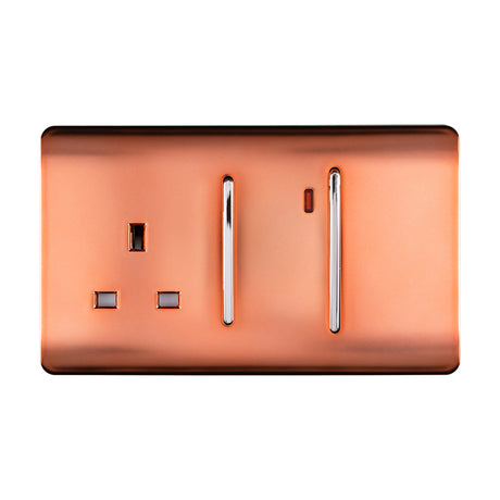 45A Cooker Control Unit in screwless copper with a chrome 13A socket and two chrome double pole rocker switches, shown on a plain white background.