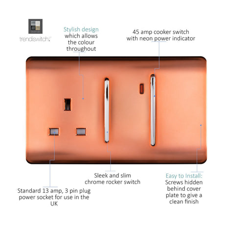 45A Cooker Control Unit in copper with screwless plate, chrome rocker switches, 13A socket and neon indicator, shown with labelled feature callouts on white background.