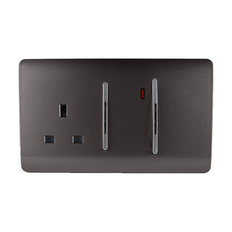 45A cooker control unit in dark brown with screwless plate, chrome-trimmed double pole rocker switches, neon indicator, and a 13A socket, shown on a white background.