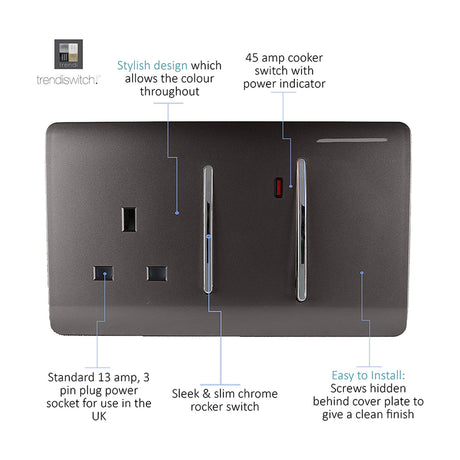 Dark brown 45A cooker control unit with screwless plate, chrome-trimmed rocker switches, power indicator, and a 13A socket, shown on a white background with labelled features.