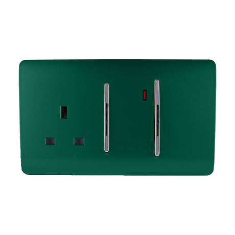 45A cooker control unit in dark green with screwless plate, featuring two chrome rockers, a 13A socket outlet, and a red neon indicator, shown on a white background.