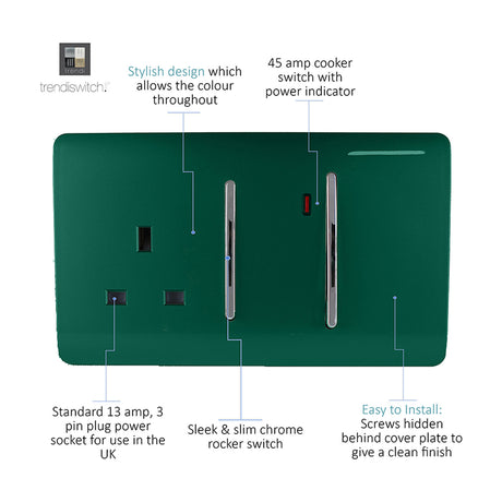 45A Cooker Control Unit in dark green with 13A socket, two chrome rocker switches, and power indicator light, screwless plate on a white background.