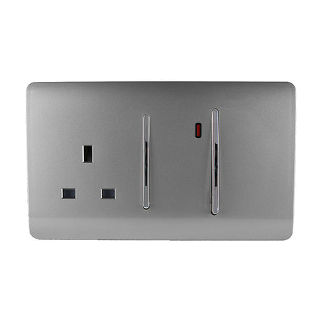 45A cooker control unit in light grey with screwless flat plate, chrome-trimmed double pole rocker switch, indicator light, and 13A socket, on a white background.