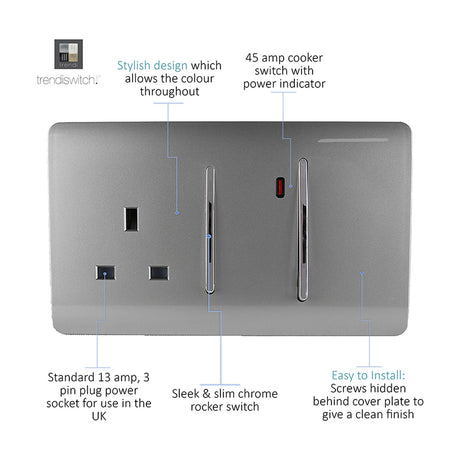 45A cooker control unit in light grey with screwless flat plate, chrome rocker switches, power indicator, and a 13A socket below, on a white background.