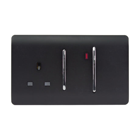 45A cooker control unit in matt black with screwless plate, 13A socket, and two chrome rocker switches with a red neon indicator, shown on a white background.