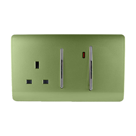 45A cooker control unit in moss green with a screwless plate, chrome rocker switches, neon indicator, and a 13A socket, shown on a plain white background.