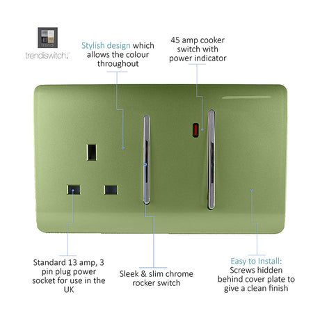 45A Cooker Control Unit in moss green with chrome rocker switches, power indicator, and a 13A socket, screwless plate on a white background.