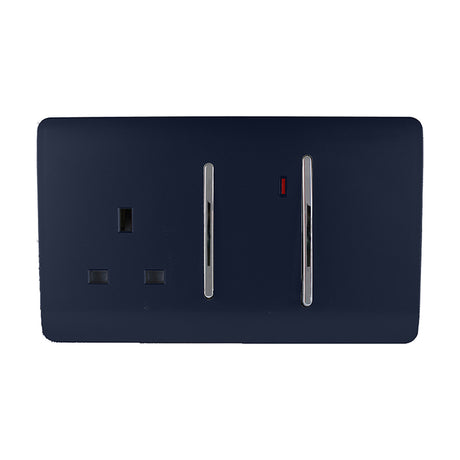 45A cooker control unit in navy blue on a screwless flat plate with chrome rockers, indicator light, and a 13A switched socket, shown on a white background.