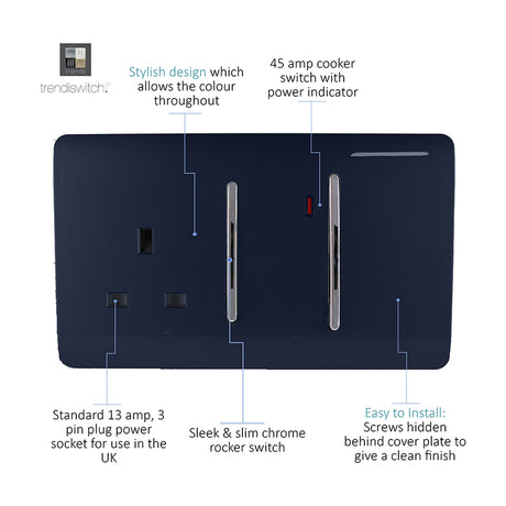 45A Cooker Control Unit in navy blue with screwless plate, chrome rocker switches, 13A socket, and power indicator, shown with labelled feature callouts.