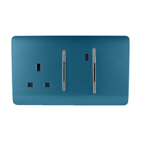 45A Cooker Control Unit in ocean blue with a 13A switched socket, two chrome rockers and a red neon indicator, screwless flat plate on a white background.