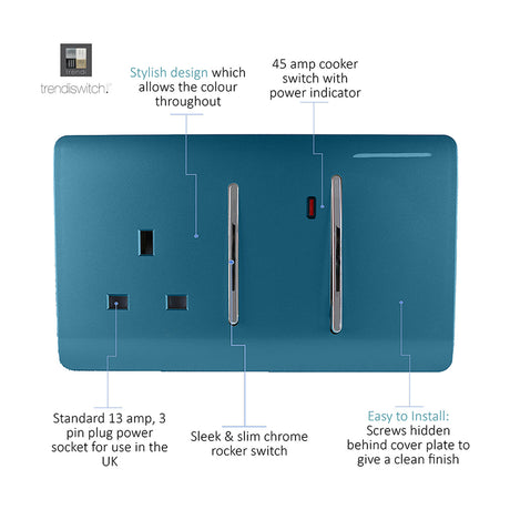 Ocean blue 45A cooker control unit with 13A socket, two chrome rocker switches and power indicator, screwless flat plate, labelled diagram on white background.